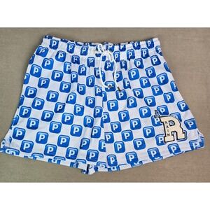 Ryoko Rain Shorts Pushin P All Over Logo Mesh Shorts White Blue Drawstring Patch